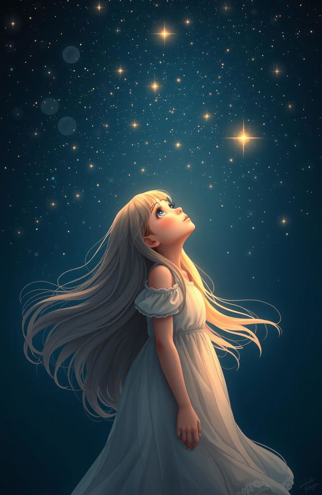 A beautiful girl gazing up at a starry night sky filled with twinkling stars, set against a deep dark blue background