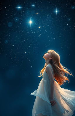 A beautiful girl gazing up at a starry night sky filled with twinkling stars, set against a deep dark blue background