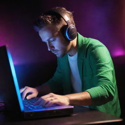 A dynamic and creative DJ fully engrossed in mixing music tracks on his computer in a vibrant, pulsating atmosphere.