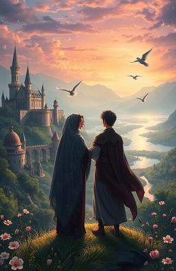 In a mystical fantasy world, a serene landscape unfolds with lush greenery, ancient castles, and shimmering lakes