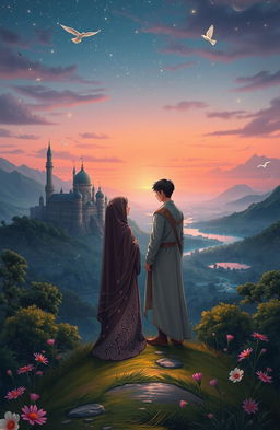 In a mystical fantasy world, a serene landscape unfolds with lush greenery, ancient castles, and shimmering lakes