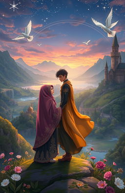 In a mystical fantasy world, a serene landscape unfolds with lush greenery, ancient castles, and shimmering lakes