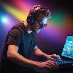 A dynamic and creative DJ fully engrossed in mixing music tracks on his computer in a vibrant, pulsating atmosphere.