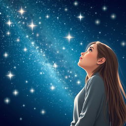 A beautiful girl gazing up at a stunning night sky filled with countless bright stars, against a rich dark blue backdrop