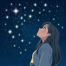 A beautiful girl gazing up at a stunning night sky filled with countless bright stars, against a rich dark blue backdrop
