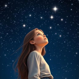 A beautiful girl gazing up at a stunning night sky filled with countless bright stars, against a rich dark blue backdrop