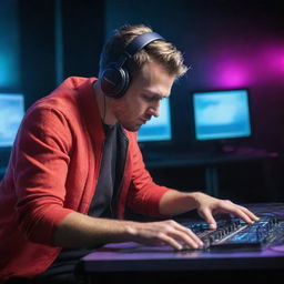 A dynamic and creative DJ fully engrossed in mixing music tracks on his computer in a vibrant, pulsating atmosphere.