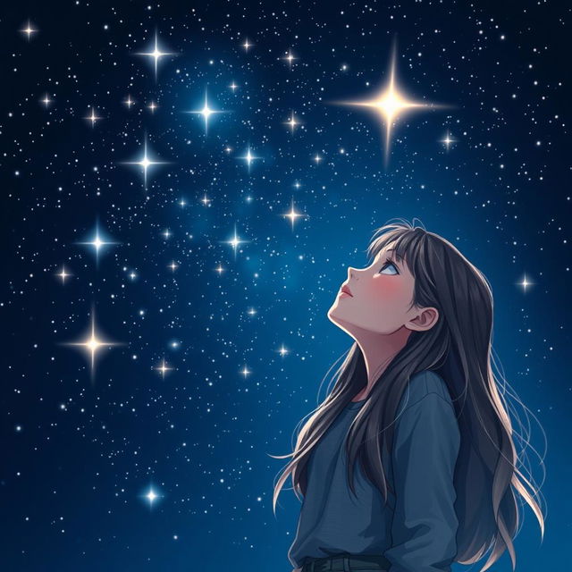 A beautiful girl gazing up at a stunning night sky filled with countless bright stars, against a rich dark blue backdrop