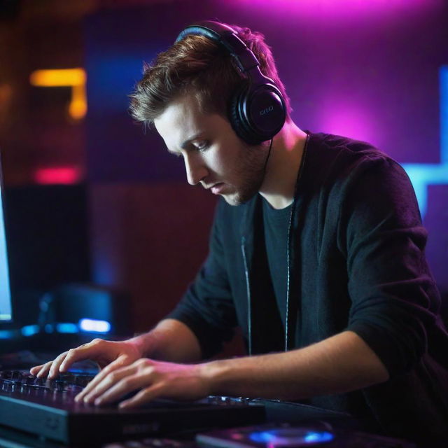 A dynamic and creative DJ fully engrossed in mixing music tracks on his computer in a vibrant, pulsating atmosphere.