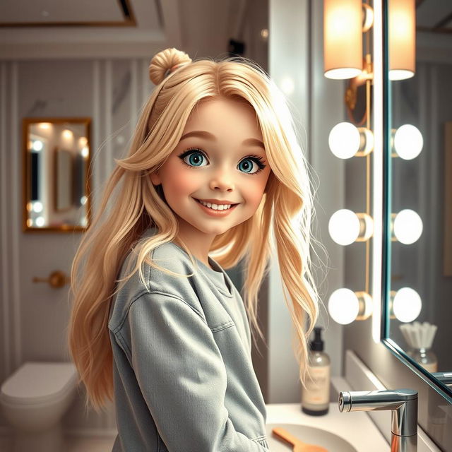 A cute, blonde girl in a stylish and modern restroom, radiating youthfulness and charm