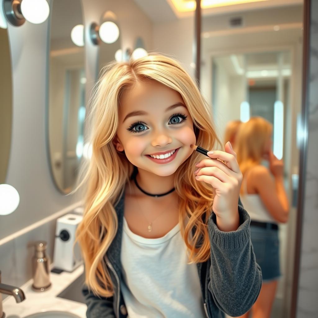 A cute, blonde girl in a stylish and modern restroom, radiating youthfulness and charm