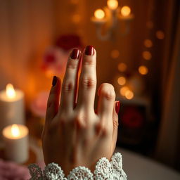 A close-up of a hand with beautifully manicured fingernails, featuring vivid nail polish colors like deep red and metallic gold