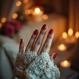 A close-up of a hand with beautifully manicured fingernails, featuring vivid nail polish colors like deep red and metallic gold