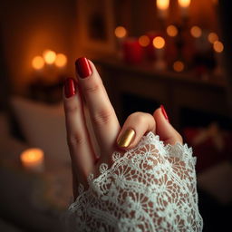 A close-up of a hand with beautifully manicured fingernails, featuring vivid nail polish colors like deep red and metallic gold
