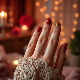 A close-up of a hand with beautifully manicured fingernails, featuring vivid nail polish colors like deep red and metallic gold