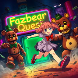 An anime girl with colorful hair, dressed in an energetic running pose, showing determination and emotion, as she flees from a chaotic scene featuring animatronic characters Endo and Freddy Fazbear