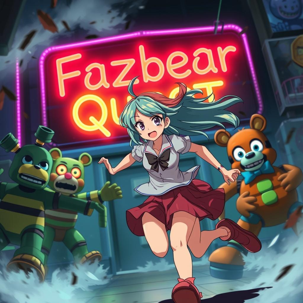 An anime girl with colorful hair, dressed in an energetic running pose, showing determination and emotion, as she flees from a chaotic scene featuring animatronic characters Endo and Freddy Fazbear