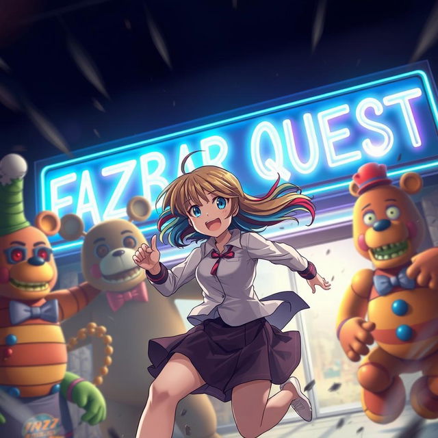 An anime girl with colorful hair, dressed in an energetic running pose, showing determination and emotion, as she flees from a chaotic scene featuring animatronic characters Endo and Freddy Fazbear