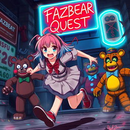 An anime girl with colorful hair, dressed in an energetic running pose, showing determination and emotion, as she flees from a chaotic scene featuring animatronic characters Endo and Freddy Fazbear