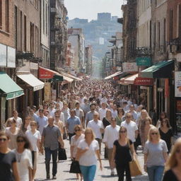 A bustling shopping street filled with a diverse crowd of people walking, carrying bags and browsing storefronts in the daylight.