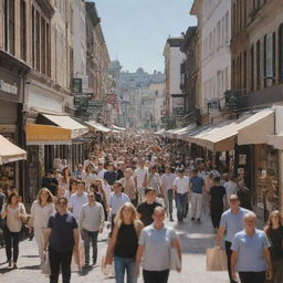 A bustling shopping street filled with a diverse crowd of people walking, carrying bags and browsing storefronts in the daylight.