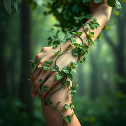 A beautifully artistic representation of a woman's arm covered in lush, green vines that are intricately wrapping around her skin, symbolizing nature and growth