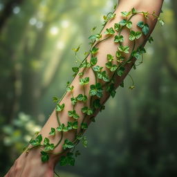 A beautifully artistic representation of a woman's arm covered in lush, green vines that are intricately wrapping around her skin, symbolizing nature and growth