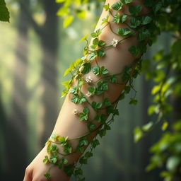 A beautifully artistic representation of a woman's arm covered in lush, green vines that are intricately wrapping around her skin, symbolizing nature and growth