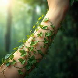 A beautifully artistic representation of a woman's arm covered in lush, green vines that are intricately wrapping around her skin, symbolizing nature and growth