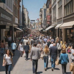 A bustling shopping street filled with a diverse crowd of people walking, carrying bags and browsing storefronts in the daylight.