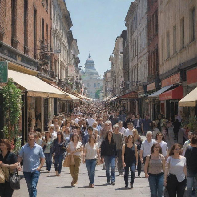 A bustling shopping street filled with a diverse crowd of people walking, carrying bags and browsing storefronts in the daylight.