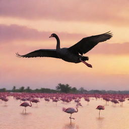 A majestic black swan soaring high above a sea populated by clusters of vibrant pink flamingos, under a golden yellow sky.