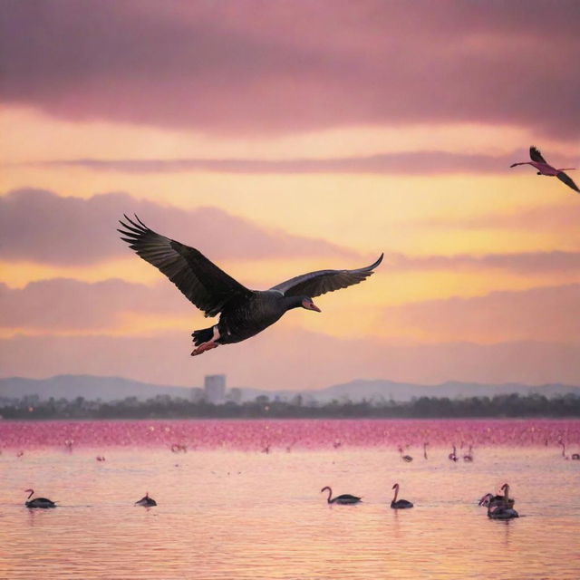 A majestic black swan soaring high above a sea populated by clusters of vibrant pink flamingos, under a golden yellow sky.