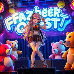 A vibrant DJ anime girl energetically standing on a stage, surrounded by colorful animatronics in a lively atmosphere