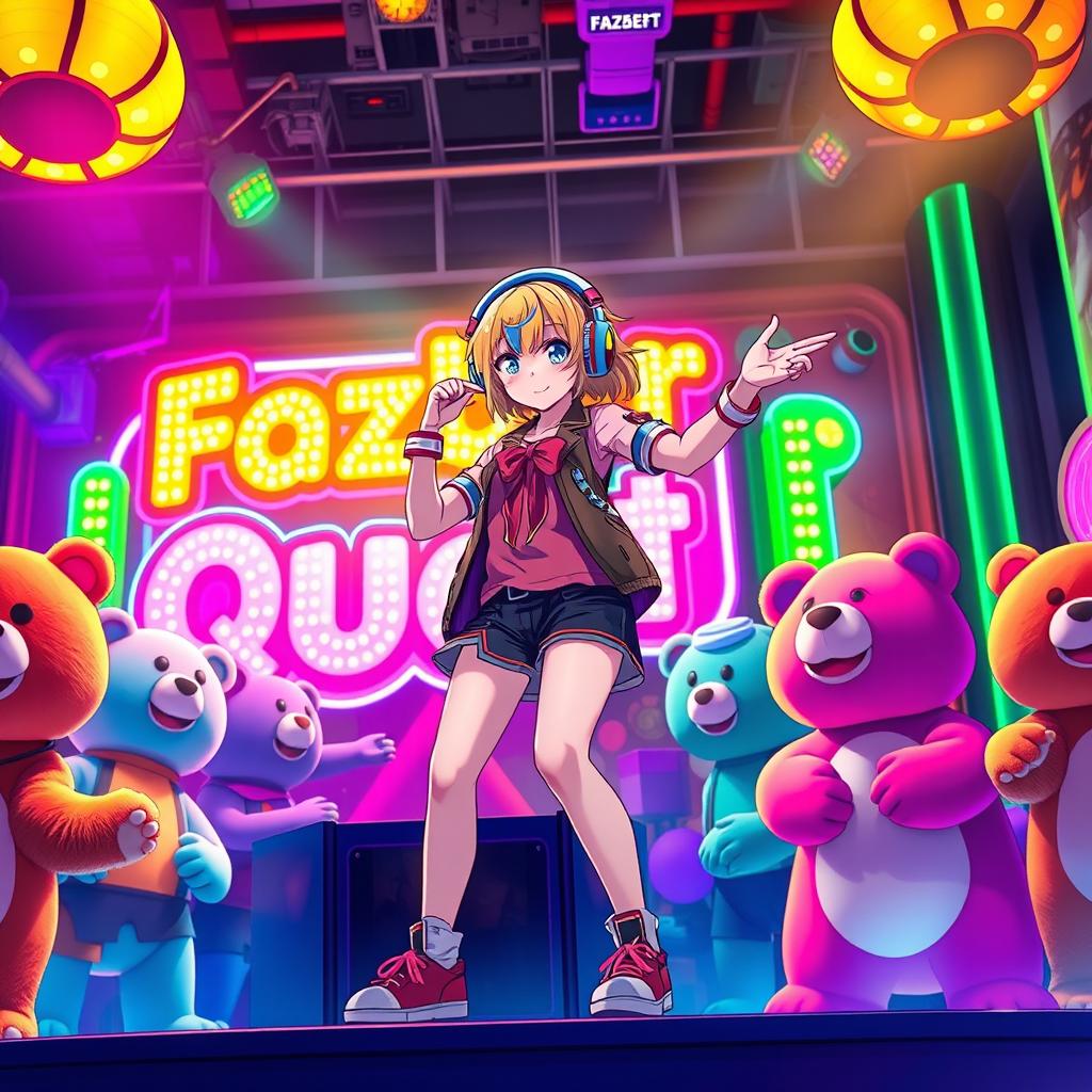 A vibrant DJ anime girl energetically standing on a stage, surrounded by colorful animatronics in a lively atmosphere