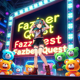 A vibrant DJ anime girl energetically standing on a stage, surrounded by colorful animatronics in a lively atmosphere