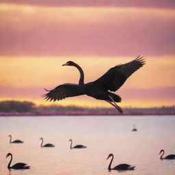 A majestic black swan soaring high above a sea populated by clusters of vibrant pink flamingos, under a golden yellow sky.