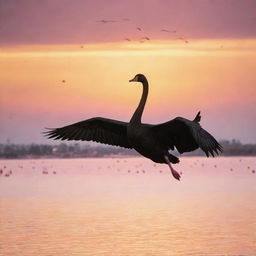 A majestic black swan soaring high above a sea populated by clusters of vibrant pink flamingos, under a golden yellow sky.