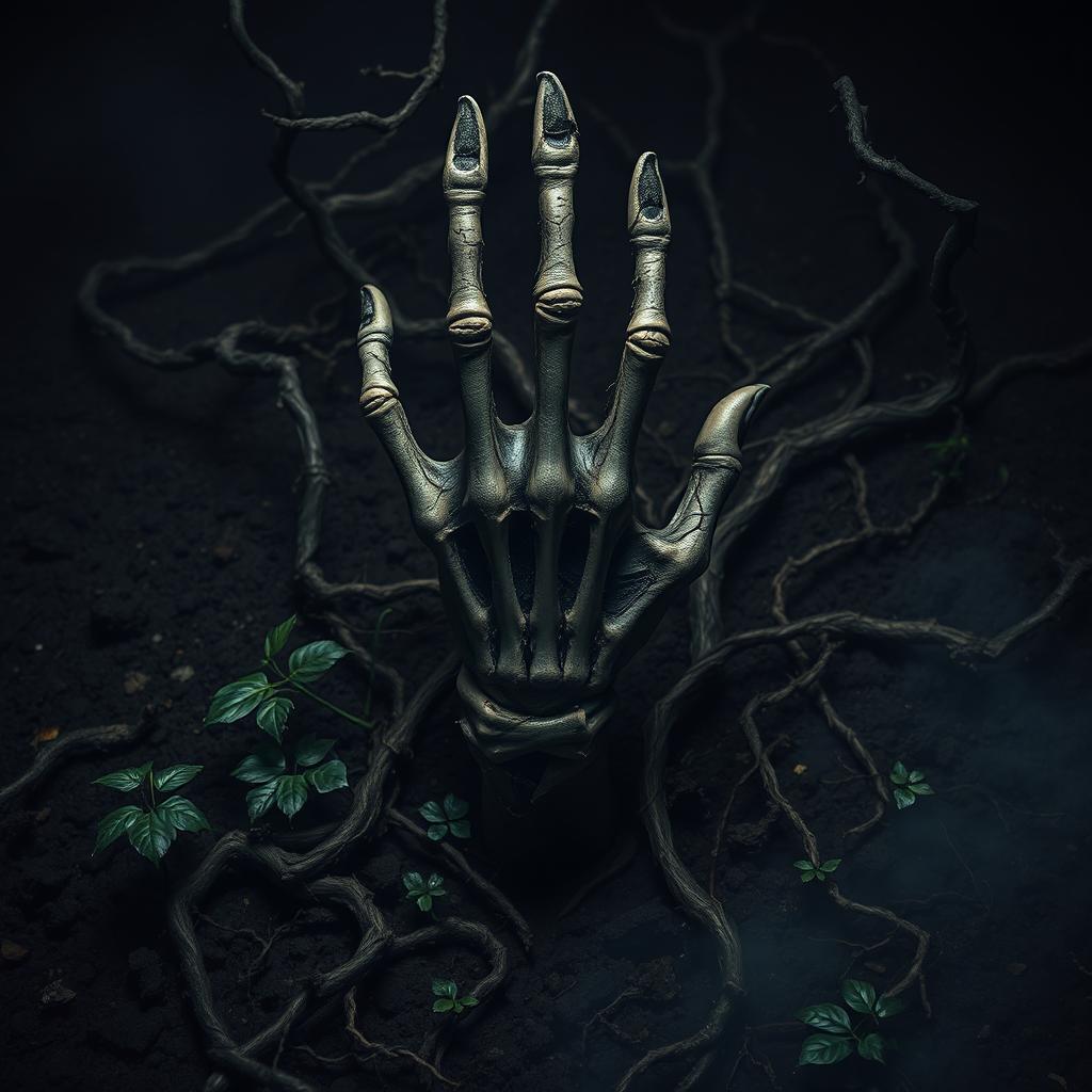 A terrifying hand emerging from dark, rich soil, overtaken by twisted, creeping vines