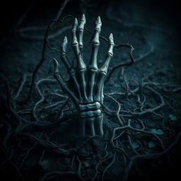 A terrifying hand emerging from dark, rich soil, overtaken by twisted, creeping vines