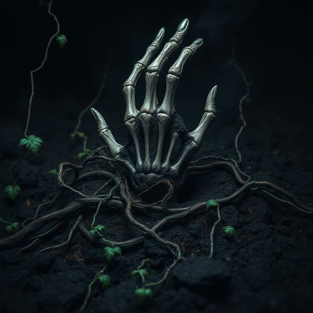 A terrifying hand emerging from dark, rich soil, overtaken by twisted, creeping vines