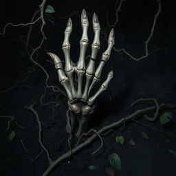 A terrifying hand emerging from dark, rich soil, overtaken by twisted, creeping vines