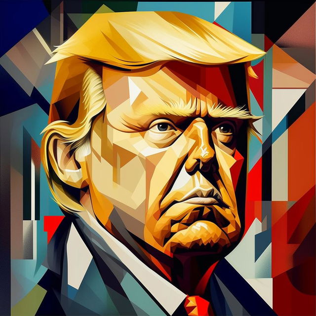 Enhance the previous Picasso-styled Cubist portrait of Donald Trump by increasing the distortion. Strengthen the geometrical forms and multiple perspectives to make the portrait highly abstract.