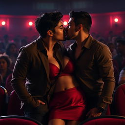 Kriti Sanon in a stylish red mini skirt and a fashionable crop top, featuring a daring neckline that accentuates her cleavage
