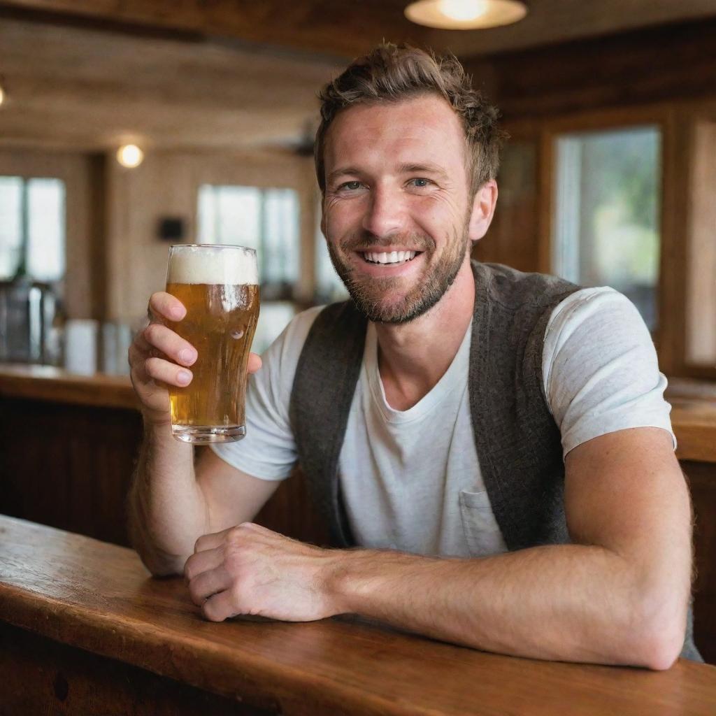 A cheerful man sitting at a wooden bar counter, enthusiastically drinking his frothy cold beer from a tall glass.