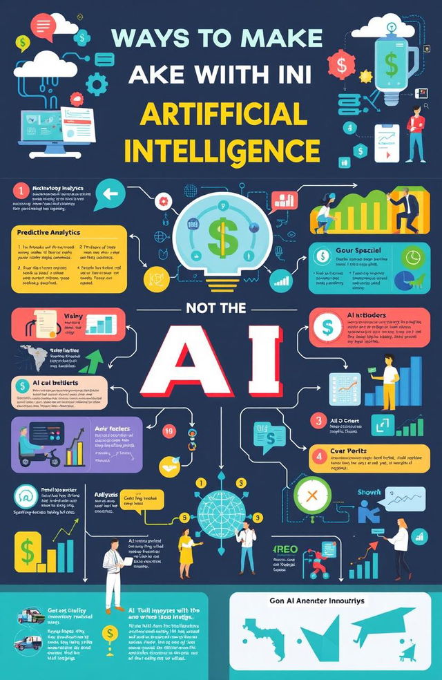 A comprehensive visual guide illustrating various ways to make money with artificial intelligence, featuring engaging and colorful infographics