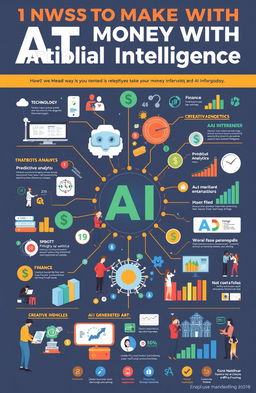 A comprehensive visual guide illustrating various ways to make money with artificial intelligence, featuring engaging and colorful infographics