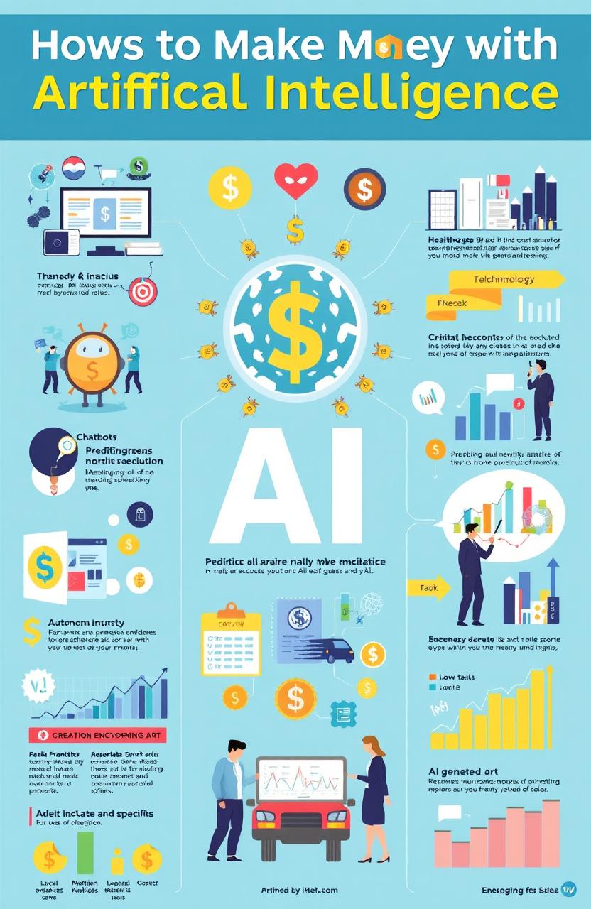 A comprehensive visual guide illustrating various ways to make money with artificial intelligence, featuring engaging and colorful infographics