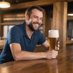 A cheerful man sitting at a wooden bar counter, enthusiastically drinking his frothy cold beer from a tall glass.