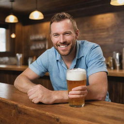 A cheerful man sitting at a wooden bar counter, enthusiastically drinking his frothy cold beer from a tall glass.